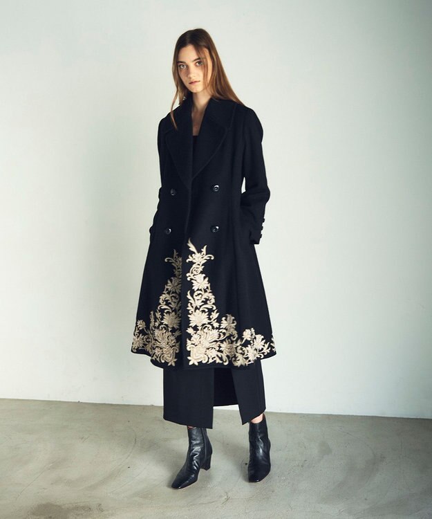 GRACE CONTINENTAL 刺繍ウールコート ブラック