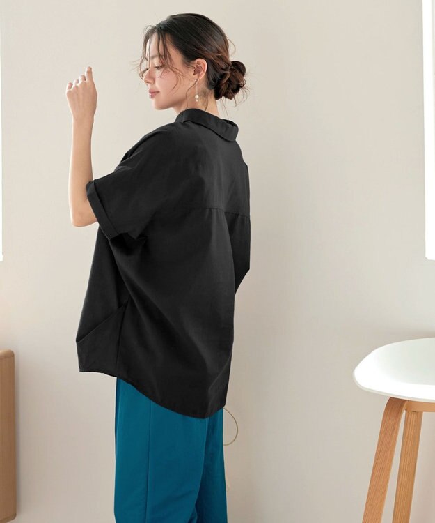 Tiaclasse 【洗える】 リネンミックススキッパーシャツ ブラック