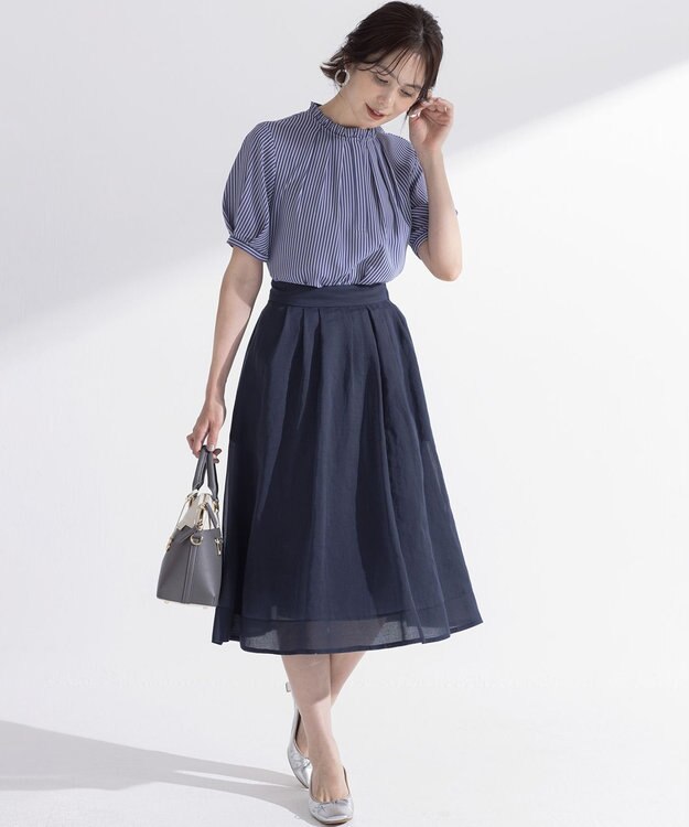 組曲 ライトデシンフリル襟 ブラウス ブルーストライプ系1