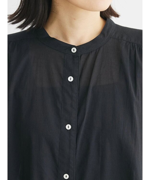 Green Parks インド綿　パイピングバンドカラーシャツチュニック Black