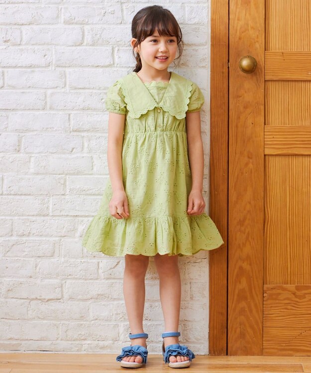 ANY KIDS エンブロイダリー レース ワンピース ライム