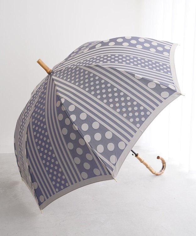 槇田商店 Kirie ドットとストライプ アッシュブルー 長傘 紺