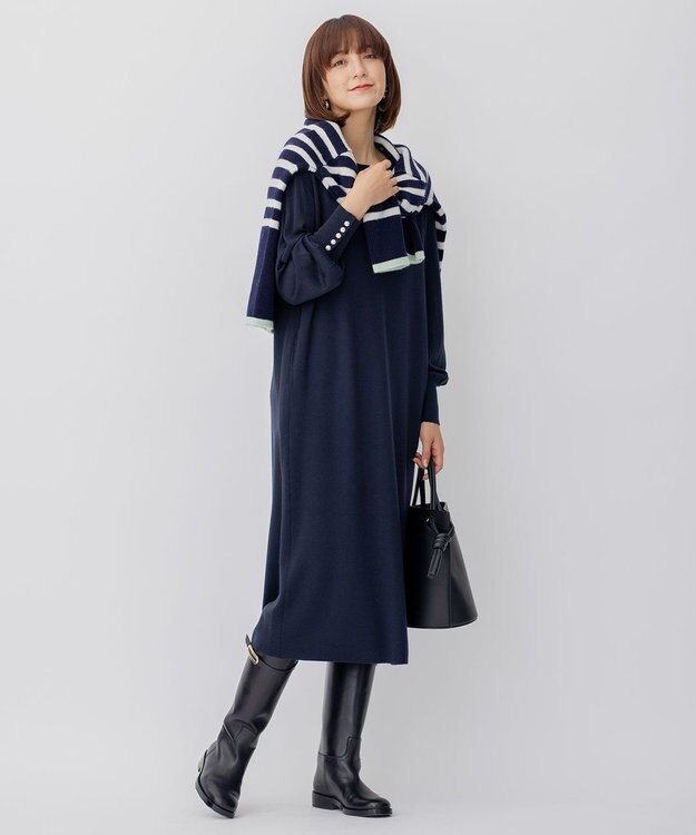 23区 【CLASSY.1月号掲載】ウールブレンド パール ニットワンピース ネイビー系