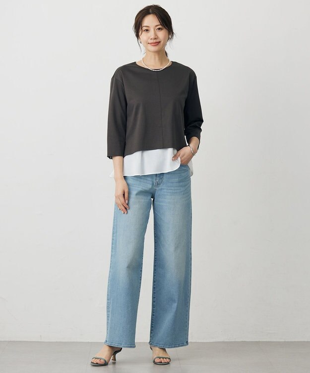 J.PRESS LADIES 【洗える】BASIC STRETCH DENIM ワイド ストレート デニム ブリーチ系