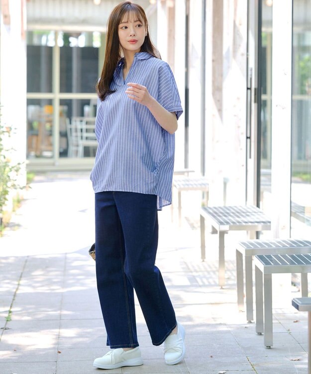 Tiaclasse 【洗える】 リネンミックススキッパーシャツ サックスストライプ