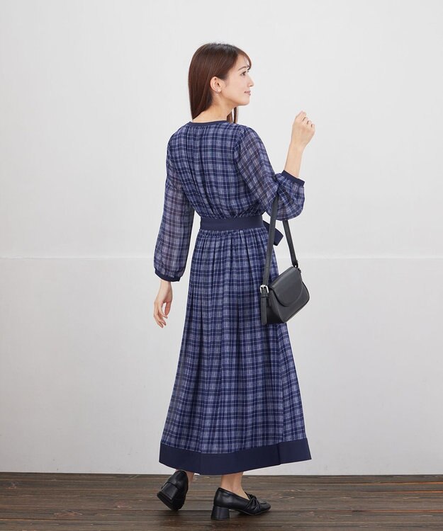 Tiaclasse シアーチェック配色ワンピース ネイビー