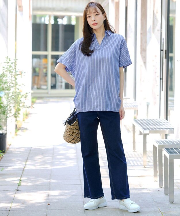 Tiaclasse 【洗える】 リネンミックススキッパーシャツ サックスストライプ