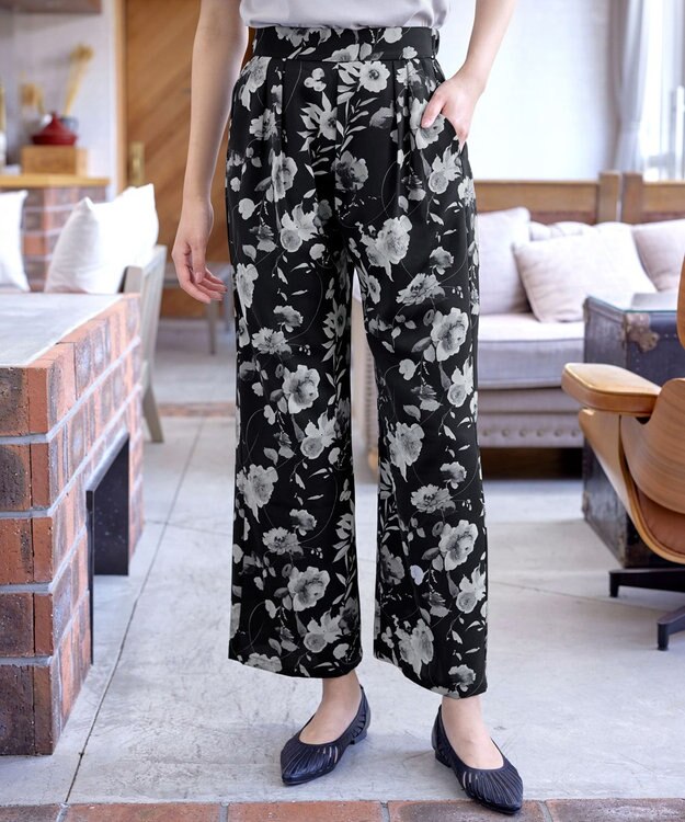 Tiaclasse 【洗える】アソートプリントワイドパンツ ブラック