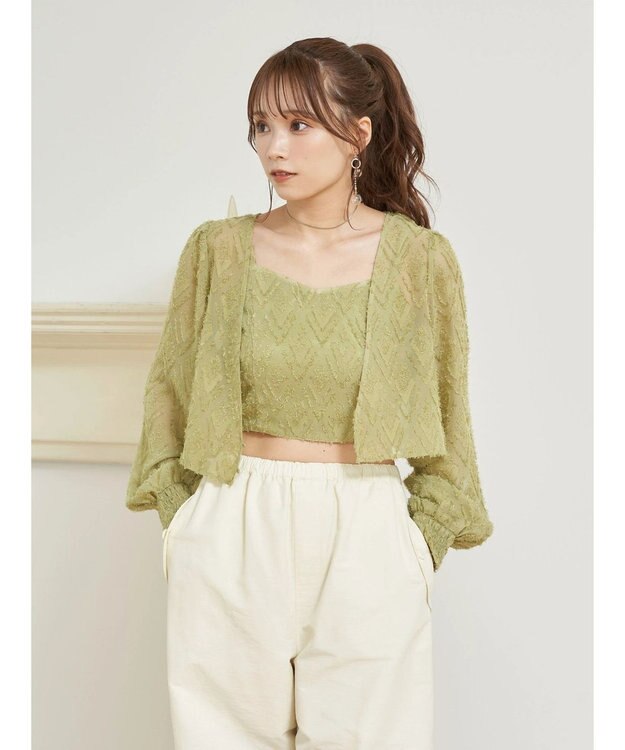 earth music&ecology ＳＥＴ２点カットジャカードカーディガン＋ビスチェ Lime Green
