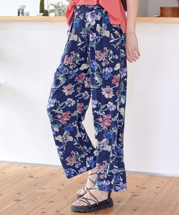 Tiaclasse 【洗える】アソートプリントワイドパンツ ネイビー