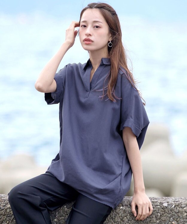 Tiaclasse 【洗える】 リネンミックススキッパーシャツ ブルー