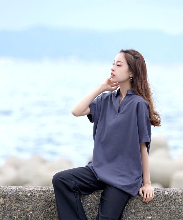 Tiaclasse 【洗える】 リネンミックススキッパーシャツ ブルー