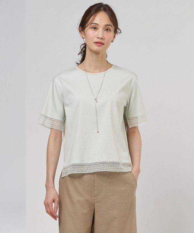 J.PRESS LADIES 【一枚で着映え】コットンスムース レース カットソー ライトミント系
