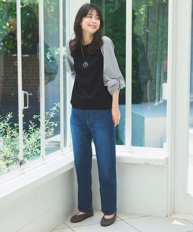 ANY 【洗濯機可】着映える袖ねじりトップス ブラック×ストライプ