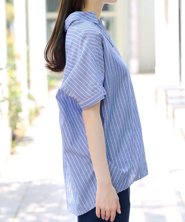 Tiaclasse 【洗える】 リネンミックススキッパーシャツ サックスストライプ