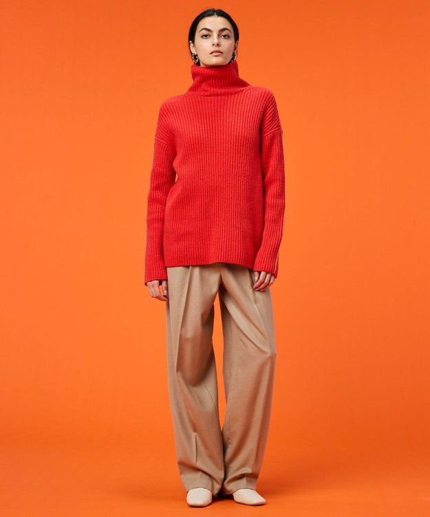 BEIGE， 【洗える】BERTAINA /  配色リンキングタートルネックニット Red Orange×Milk Tea