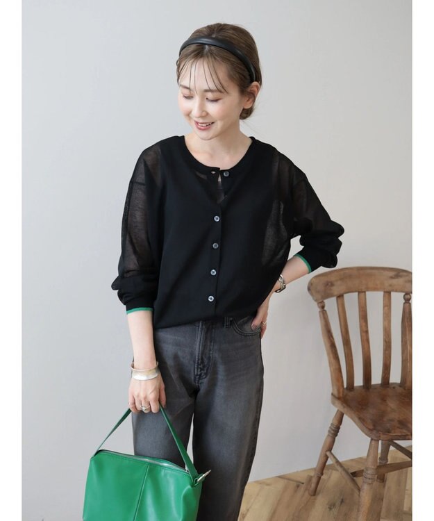 AMERICAN HOLIC バイカラーシアーニットカーディガン Black