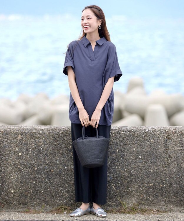 Tiaclasse 【洗える】 リネンミックススキッパーシャツ ブルー