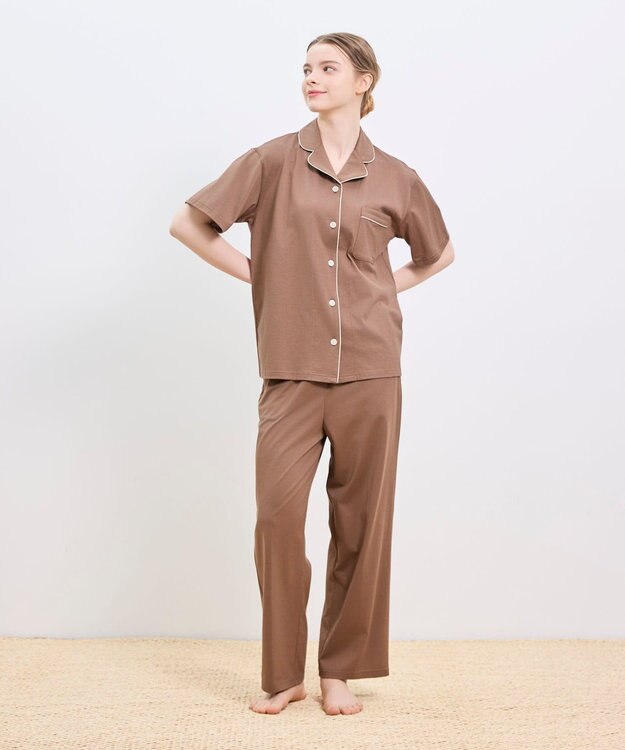 une nana cool 【綿100%】60/2 やわらか天竺 半袖開襟パジャマ MADE WITH LIBERTY FABRIC ブラウン