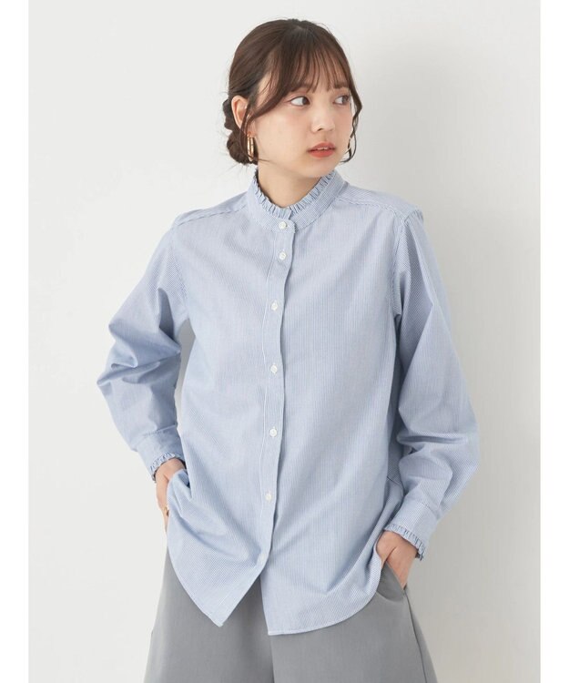 earth music&ecology スタンドフリルシャツ Stripe
