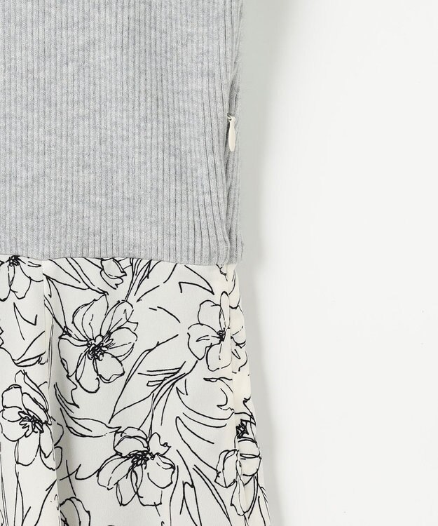 ANY SIS 【洗える】フラワープリントドッキング ワンピース ライトグレー×アイボリー