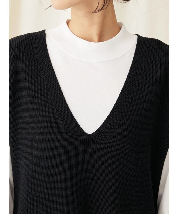 CRAFT STANDARD BOUTIQUE 【2点セット】洗える 60/2 14G片畦Vネックベスト+ロンTEE SET Black