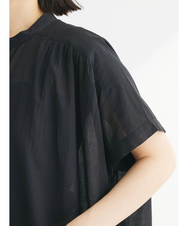 Green Parks インド綿　パイピングバンドカラーシャツチュニック Black