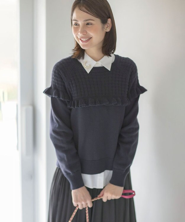 組曲 バスケット編みフリル ニット ネイビー系