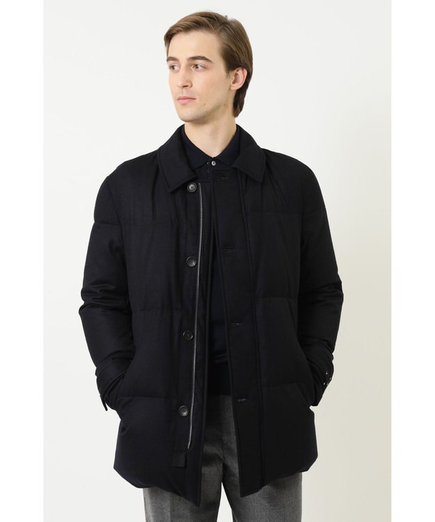 DAKS ウールフラノミドル丈ジャケット ネイビー