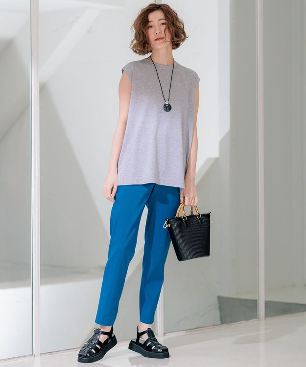 23区 L 【洗える】スビンハイツイストコットン ノースリーブ ニット ライトグレー系