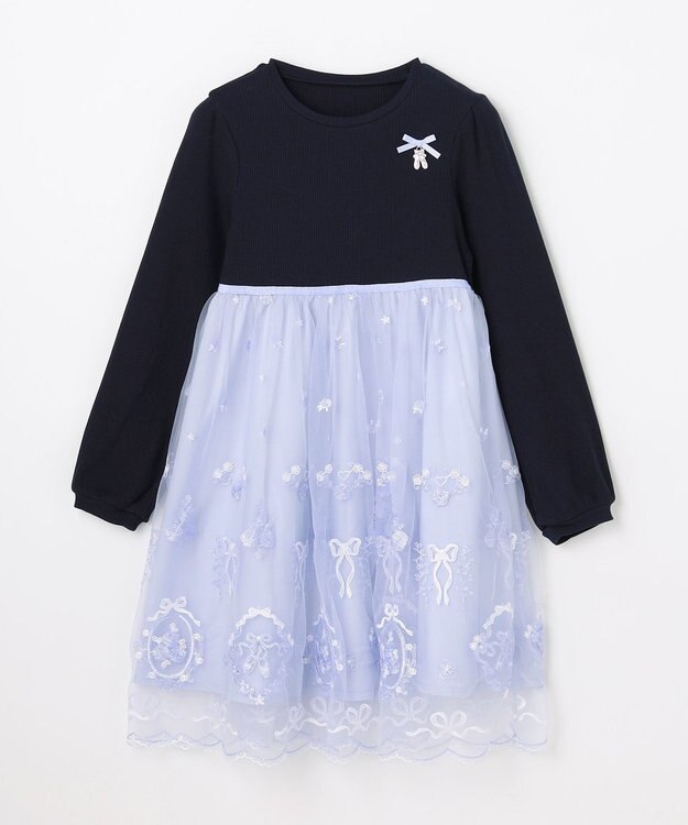 ANY KIDS バレエ刺繍チュールワンピース ネイビー×サックスブルー