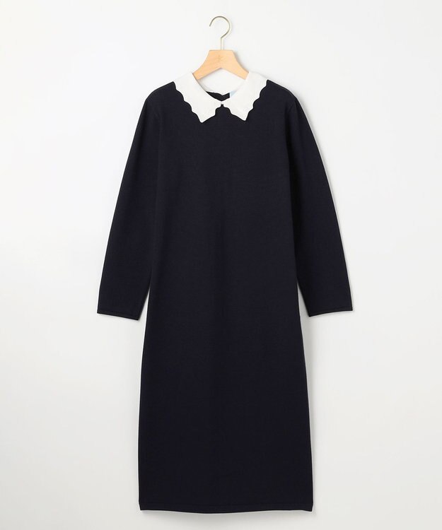 【新品】フォクシー ニットワンピースドレス 半袖 襟付き ロゴ刺繍 ひざ丈 紺 フォクシーニューヨーク ニットワンピース ドレス Vネック 半袖