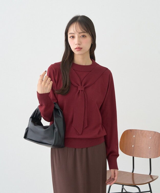 earth music&ecology ボウタイニットプルオーバー Red