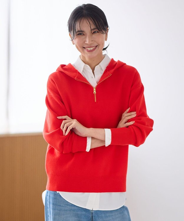 ANY L ハーフジップニットフーディー レッド