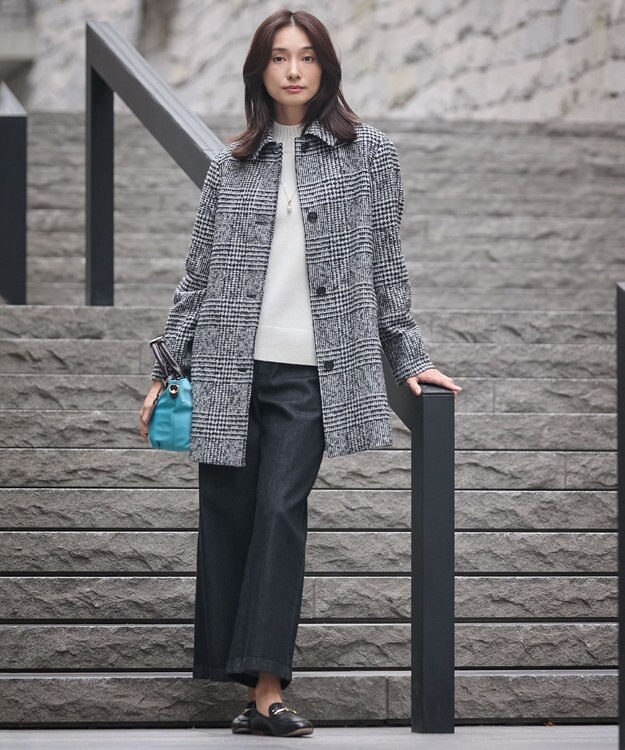 J.PRESS LADIES ループCheck ステンカラー コート ホワイト×ブラック系