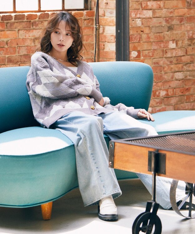 earth music&ecology ループ編みアーガイルカーディガン Gray