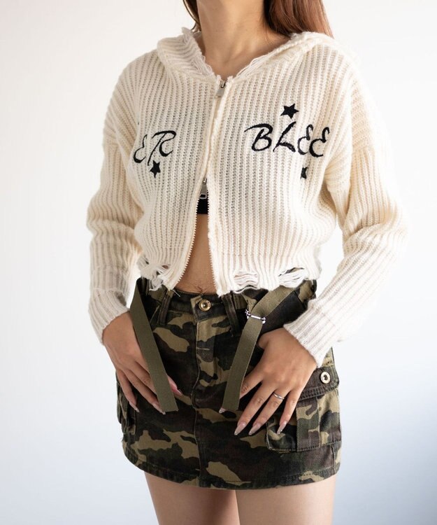 WEGO 刺繍ダメージニットWZIPパーカー ホワイト