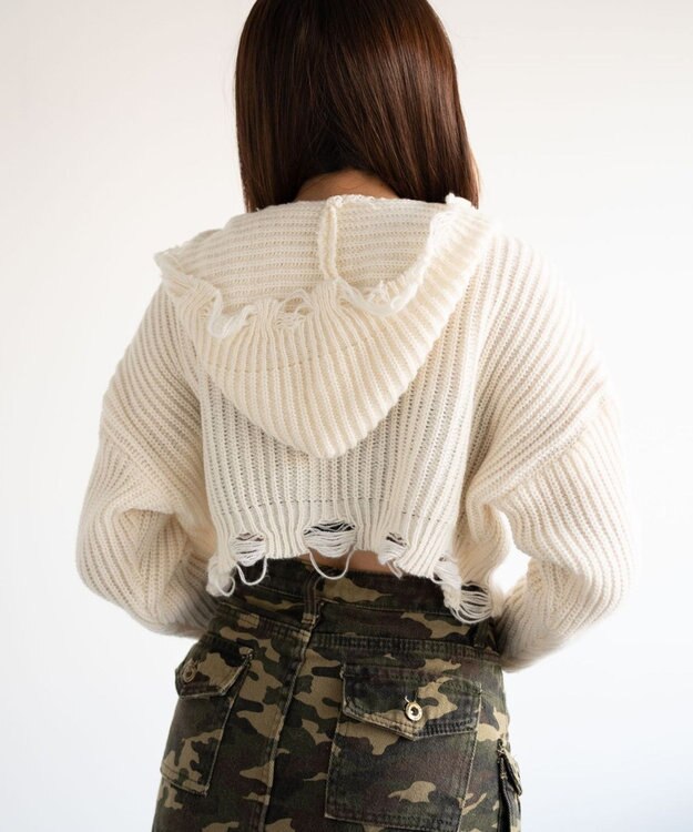 WEGO 刺繍ダメージニットWZIPパーカー ホワイト