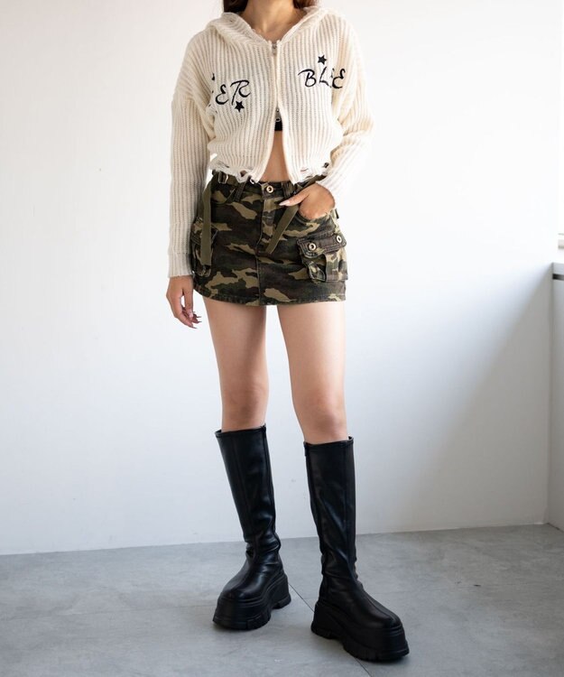 WEGO 刺繍ダメージニットWZIPパーカー ホワイト