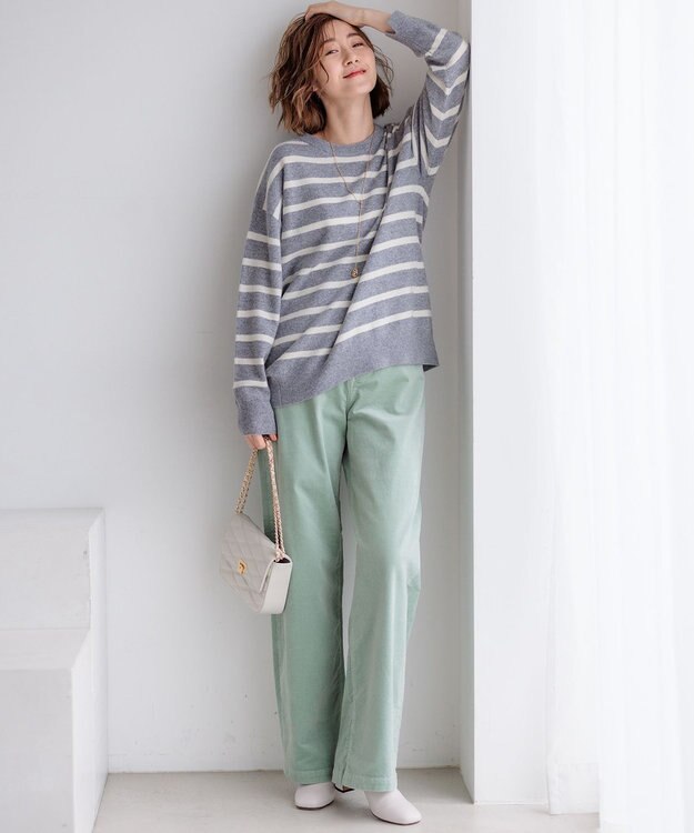 23区 【Oggi2月号掲載/洗える】ピュアカシミヤ クルーネック ニット グレー×オフ