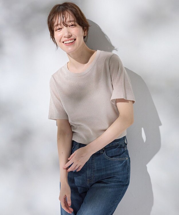 ANY L 【洗濯機可】ラメテレコTシャツ ベージュラメ