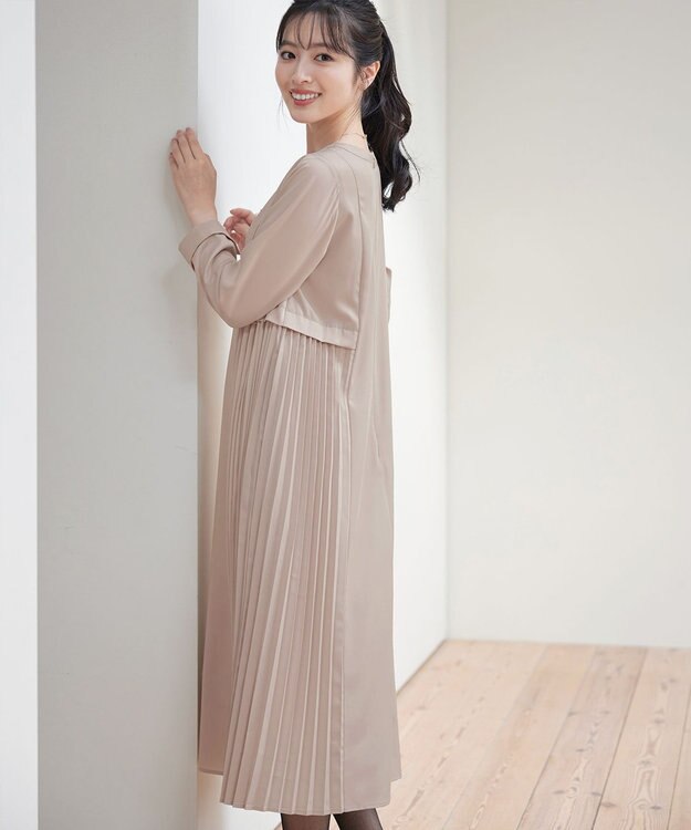 Tiaclasse 【洗える】サイドプリーツワンピース グレージュ