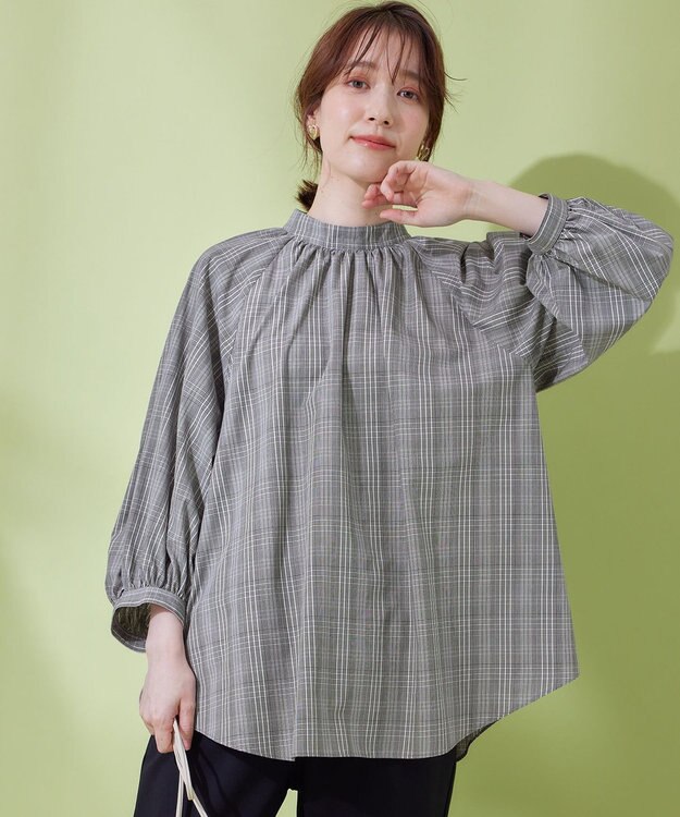 ANY L 【速乾/UVカット/抗菌防臭/手洗い】エニィファンクションボリューム袖ブラウス グレンチェック