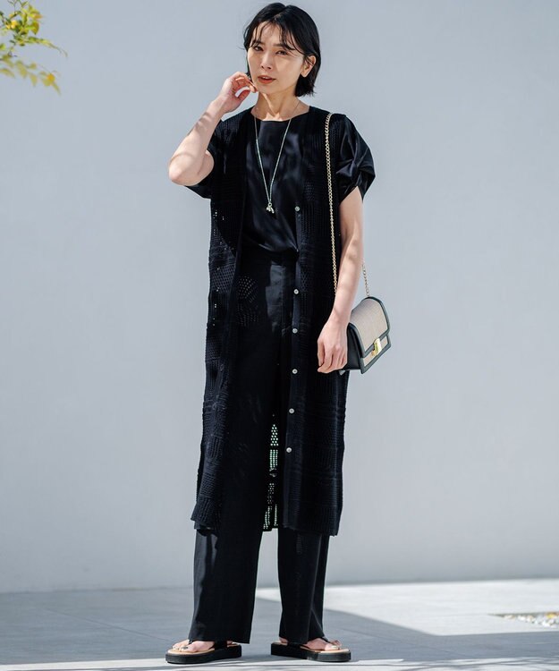 23区 レーシーパターン ロングジレ ニット ブラック系