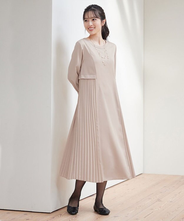 Tiaclasse 【洗える】サイドプリーツワンピース グレージュ
