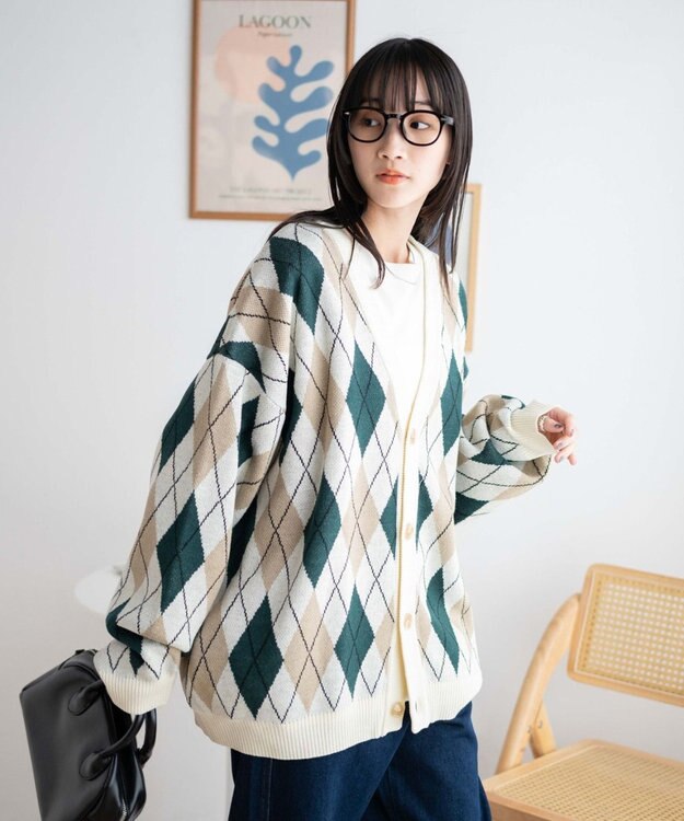WEGO ルーズフィット総柄カーディガン 柄1