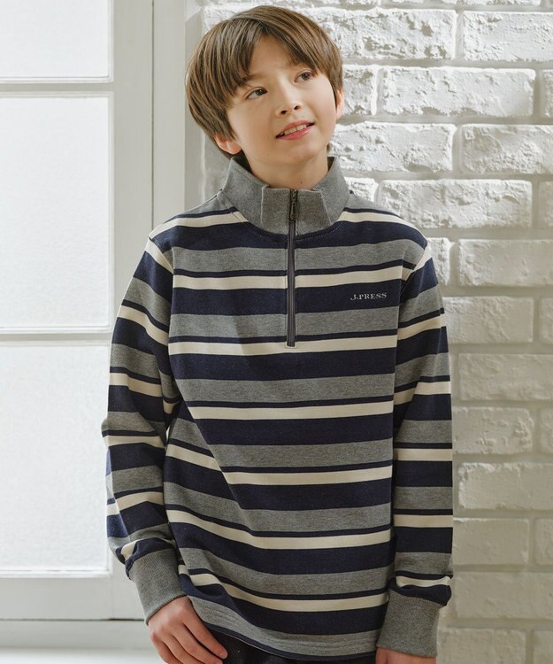 J.PRESS KIDS 【110-130cm】ハーフジップ ボーダー トレーナー グレー系1
