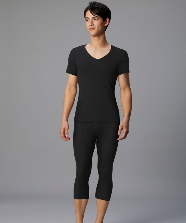 WACOAL MEN 綿混インナー Vネック ３分袖 しっかりあたたかい 保温性 肌側起毛 ストレッチ素材 逆三シルエット設計 メンズ GL5020 /ブロス ブラック