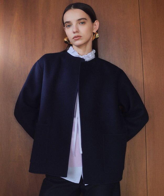 BEIGE， 【WEB限定】PAYSON / ウールリバーノーカラーショートコート Navy