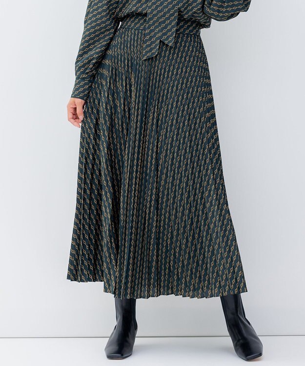 23区 【洗える】Ratti チェーンモチーフ プリーツスカート ダークグリーンプリント